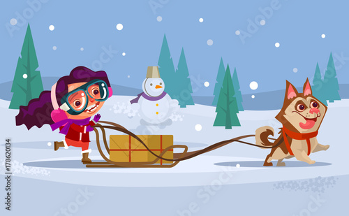 Happy smiling girl child character riding dog husky sled. Winter holiday concept. Vector flat cartoon illustration