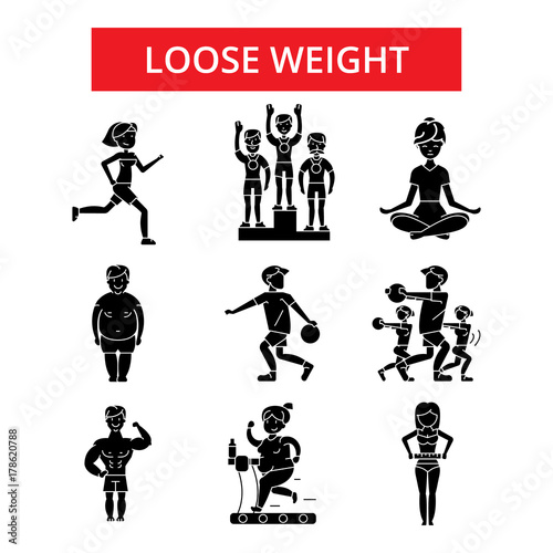 Loose weight illustration, thin line icons, linear flat signs, outline pictograms, vector symbols set, editable strokes