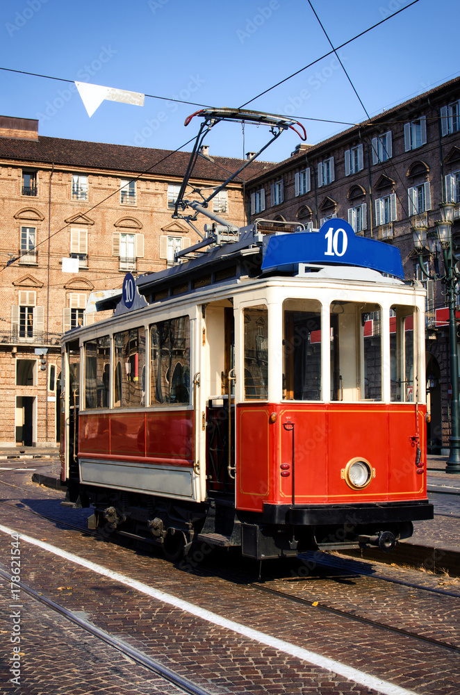 Historical tramway line number ten (from Crocetta to Regio Parco street) stops in Piazza Castello, main square of Turin (Italy)