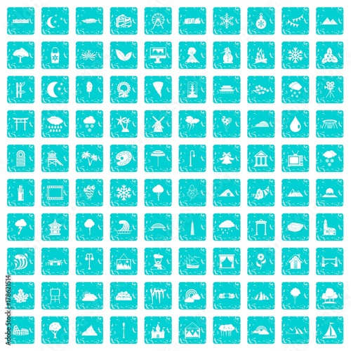 100 scenery icons set grunge blue