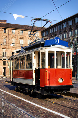 Historical tramway line number ten (from Crocetta to Regio Parco street) stops in Piazza Castello, main square of Turin (Italy)