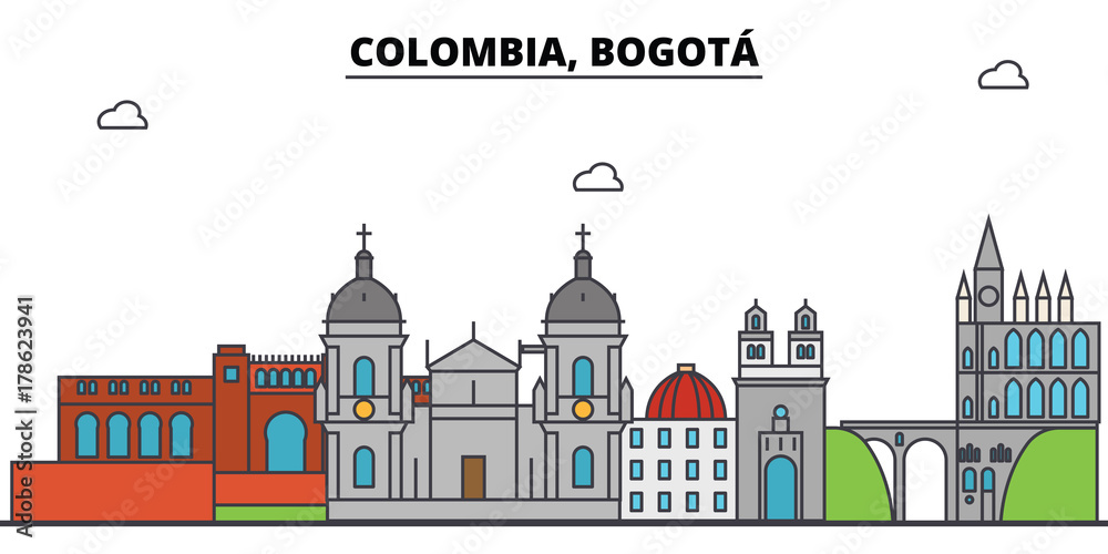 Obraz Colombia, Bogota outline city skyline, linear illustration, line banner, travel landmark, buildings silhouette,vector
