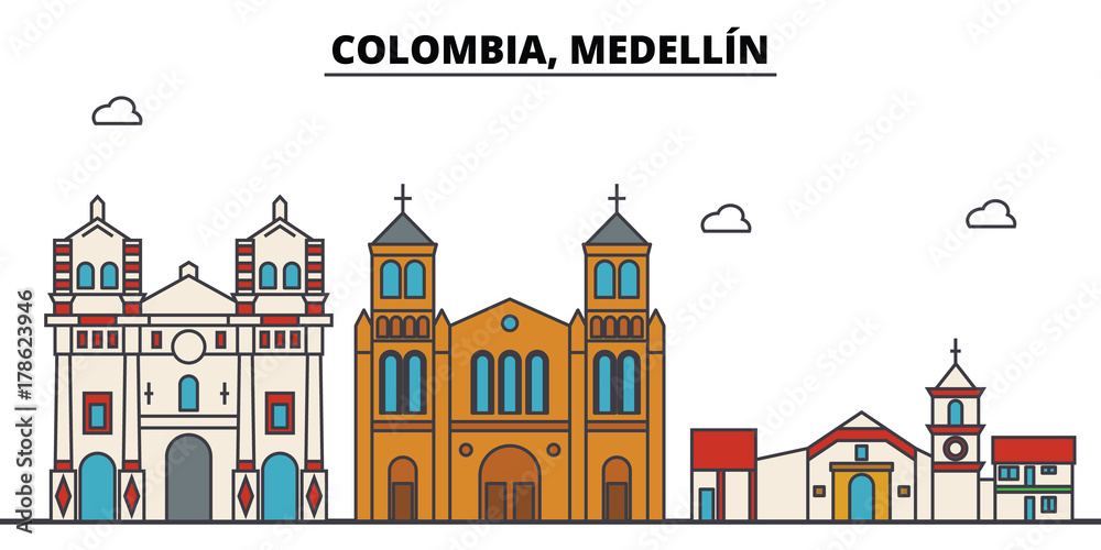 Obraz Colombia, Medellin outline city skyline, linear illustration, line banner, travel landmark, buildings silhouette,vector