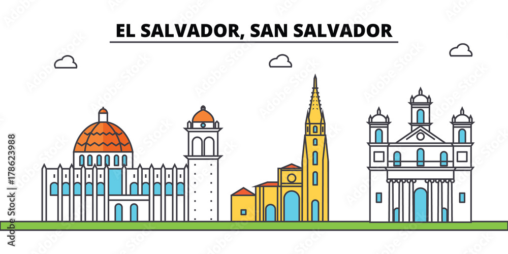 Obraz El Salvador, San Salvador outline city skyline, linear illustration, line banner, travel landmark, buildings silhouette,vector