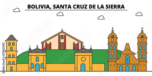 Bolivia, Santa Cruz De La Sierra outline city skyline, linear illustration, line banner, travel landmark, buildings silhouette,vector