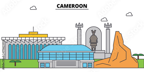 Cameroon outline city skyline, linear illustration, line banner, travel landmark, buildings silhouette,vector