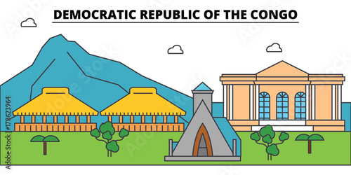 Democratic Republic Of The Congo outline city skyline, linear illustration, line banner, travel landmark, buildings silhouette,vector