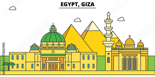 Egypt, Giza outline city skyline, linear illustration, line banner, travel landmark, buildings silhouette,vector