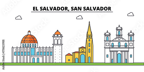 El Salvador, San Salvador outline city skyline, linear illustration, line banner, travel landmark, buildings silhouette,vector photo