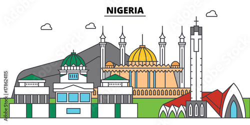 Nigeria outline city skyline, linear illustration, line banner, travel landmark, buildings silhouette,vector