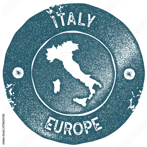 Italy map vintage stamp. Retro style handmade label. Italy badge or element for travel souvenirs. Rubber stamp with country map silhouette. Vector illustration.