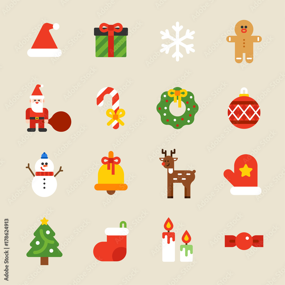 Naklejka premium Boże Narodzenie ozdoba obiektu dekolacja kolor ikony wektor zestaw ilustracji Płaska konstrukcja