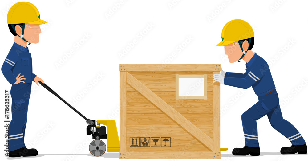 Two workers are loading a wooden container on transparent background
Two workers are loading a wooden container on transparent background