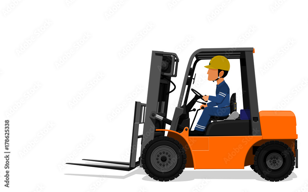 A Worker is driving  Forklift truck on transparent background

