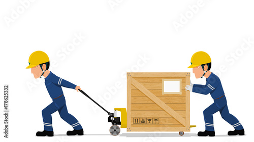 Two workers are moving a heavy wooden container by the pallet truck on transparent background
