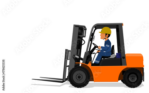 A Worker is driving  Forklift truck on transparent background
