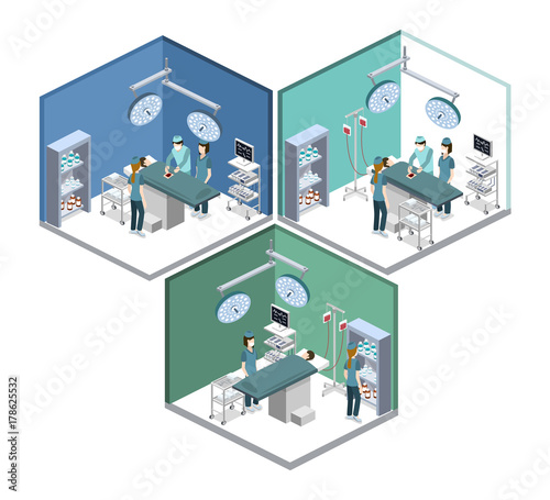 Isometric 3D vector illustration surgeon operates on the patient