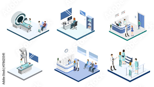 Isometric 3D vector illustration set of reception in the hospital, mrt, x-ray, surgery, rehabilitation