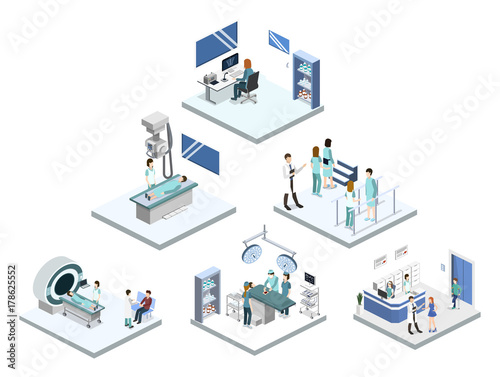 Isometric 3D vector illustration set of reception in the hospital, mrt, x-ray, surgery, rehabilitation