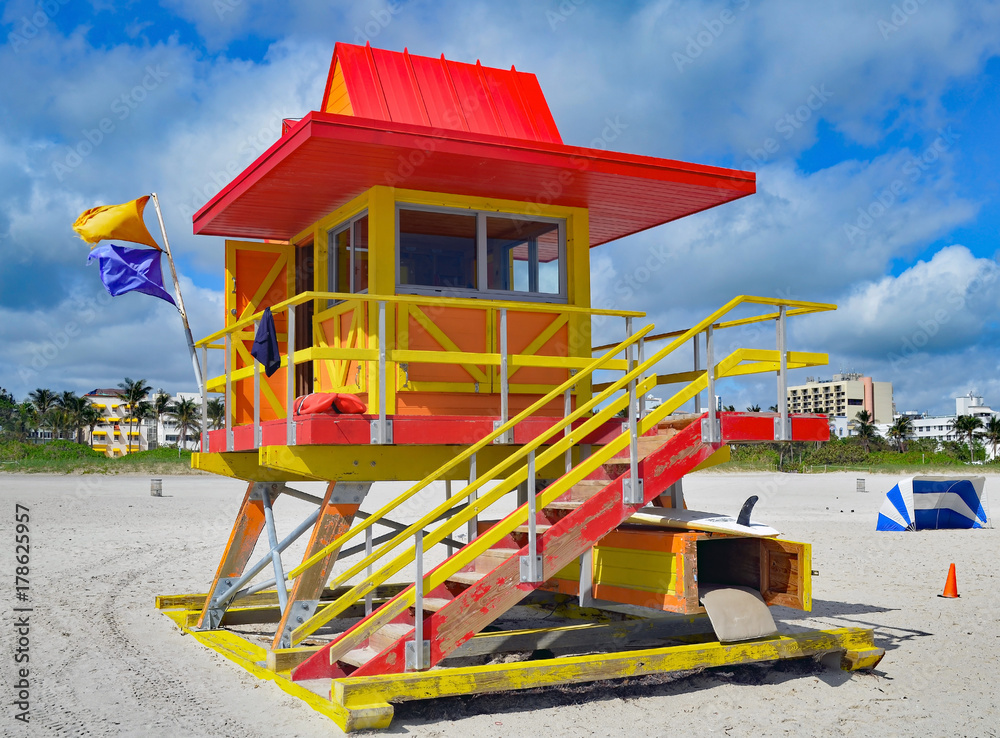 Colorful orange with yellow trim ocean-rescue station on the beach at Miami Beach,Florida.