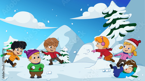 In the winter  kids play in the snow very joyfully.vector and illustration.