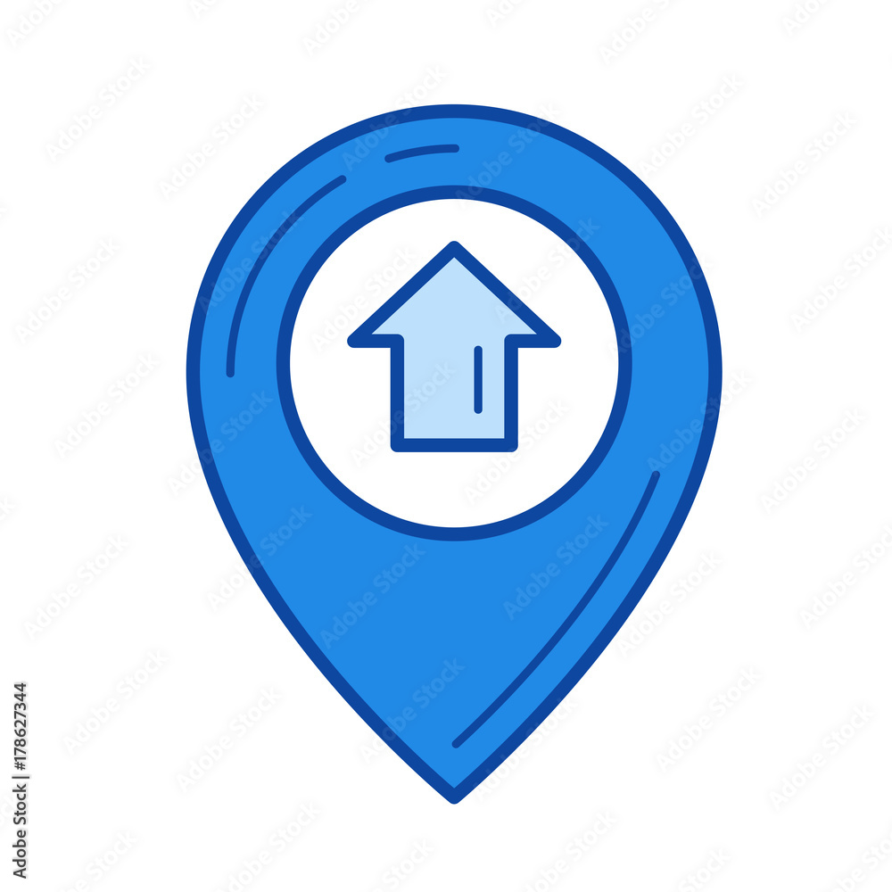 Map pointer with house inside line icon isolated on white background. Map pointer with house inside line icon for infographic, website or app. Blue icon designed on a grid system. Map pointer with house inside line icon isolated on white background. Map pointer with house inside line icon for infographic, website or app. Blue icon designed on a grid system.