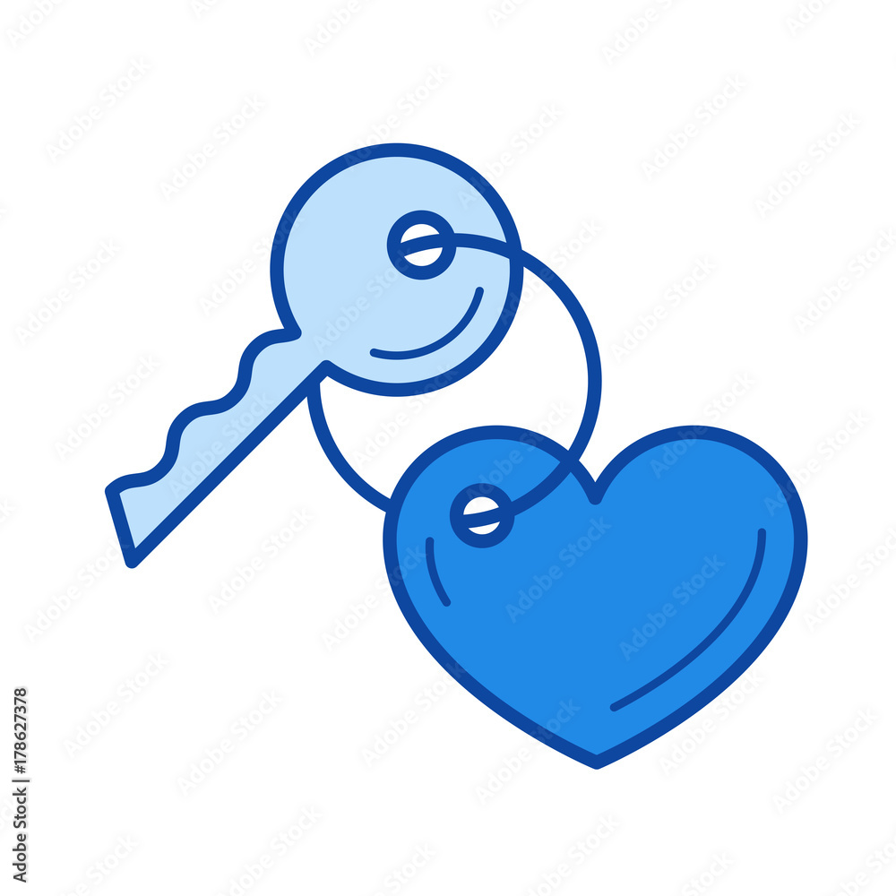 Key with a trinket in the shape of heart line icon isolated on white background. Key with a trinket in the shape of heart line icon for infographic, website or app. Blue icon designed on a grid system Key with a trinket in the shape of heart line icon isolated on white background. Key with a trinket in the shape of heart line icon for infographic, website or app. Blue icon designed on a grid system