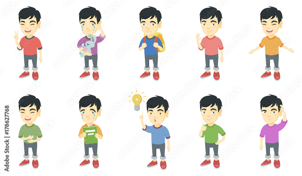 Little asian boy set. Boy showing victory gesture, ok sign, crying, pointing finger at lightbulb, giving thumb up, crying. Set of vector sketch cartoon illustrations isolated on white background.
