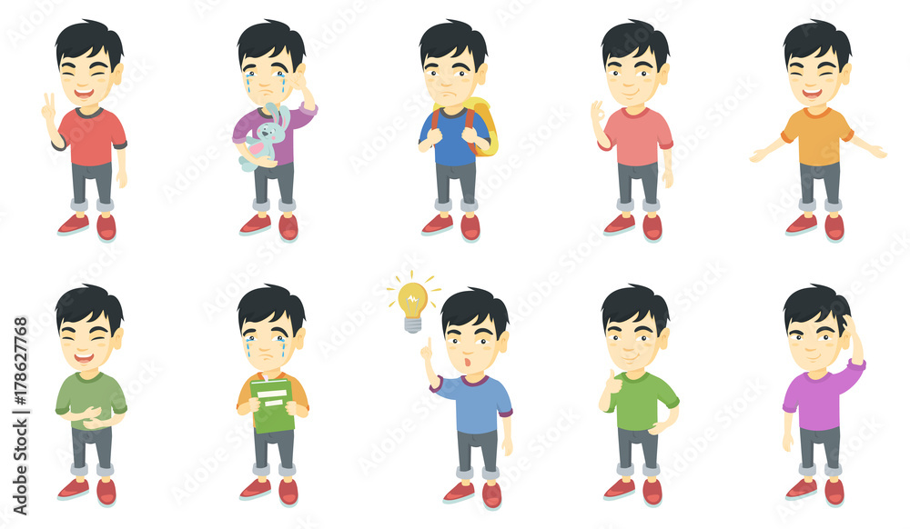 Little asian boy set. Boy showing victory gesture, ok sign, crying, pointing finger at lightbulb, giving thumb up, crying. Set of vector sketch cartoon illustrations isolated on white background. Little asian boy set. Boy showing victory gesture, ok sign, crying, pointing finger at lightbulb, giving thumb up, crying. Set of vector sketch cartoon illustrations isolated on white background.