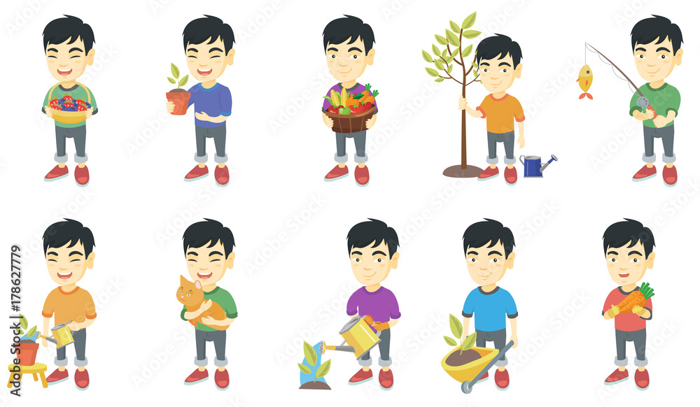 Little asian boy set. Boy holding the basket with strawberry, blueberry, fruit, vegetables, watering plant, planting a tree. Set of vector sketch cartoon illustrations isolated on white background.