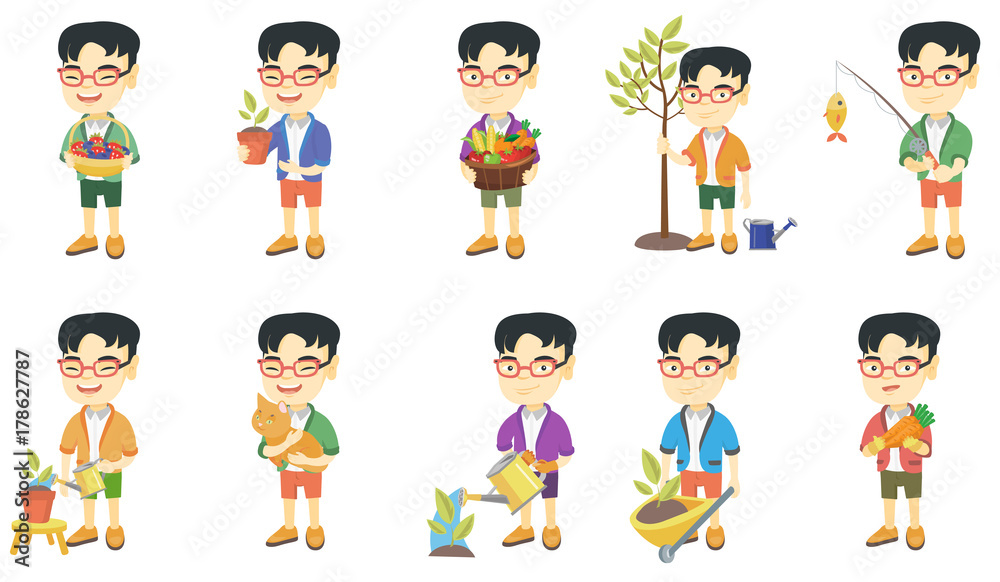 Little asian boy set. Boy holding flower in a pot, pet cat, carrot, fishing rod with fish, pushing wheelbarrow with sprout. Set of vector sketch cartoon illustrations isolated on white background. Little asian boy set. Boy holding flower in a pot, pet cat, carrot, fishing rod with fish, pushing wheelbarrow with sprout. Set of vector sketch cartoon illustrations isolated on white background.