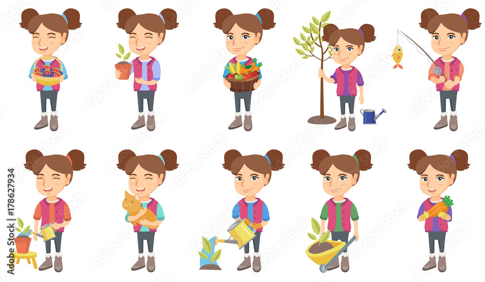 Little caucasian girl set. Girl holding flower in a pot, cat, carrot, fishing rod with fish, pushing wheelbarrow with sprout. Set of vector sketch cartoon illustrations isolated on white background. Little caucasian girl set. Girl holding flower in a pot, cat, carrot, fishing rod with fish, pushing wheelbarrow with sprout. Set of vector sketch cartoon illustrations isolated on white background.