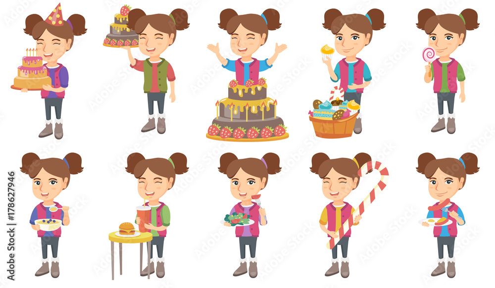 Little caucasian girl set. Girl holding birthday cake with candles, lollipop, eating porridge with blueberries, drinking soda. Set of vector sketch cartoon illustrations isolated on white background. Little caucasian girl set. Girl holding birthday cake with candles, lollipop, eating porridge with blueberries, drinking soda. Set of vector sketch cartoon illustrations isolated on white background.