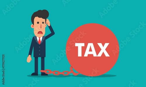 Hispanic businessman chained with large tax ball vector illustration in flat modern design isolated in turquoise background