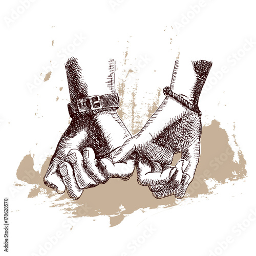 Hand Drawn Sketch. Hands women and men. Friendship day with holding promise hand. Vector illustration.