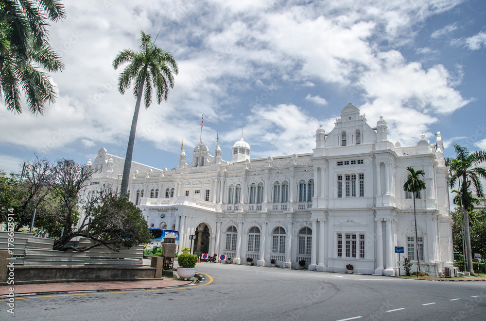 Penang, Malaysia - August 14  2017 - The old town of Georgetown in Penang, northern of Malaysia, Old Heritage British Colonel Building used for current Penang Local Council in Esplanade,