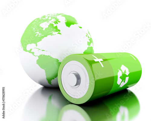 3d Green battery with recycling symbol and earth globe