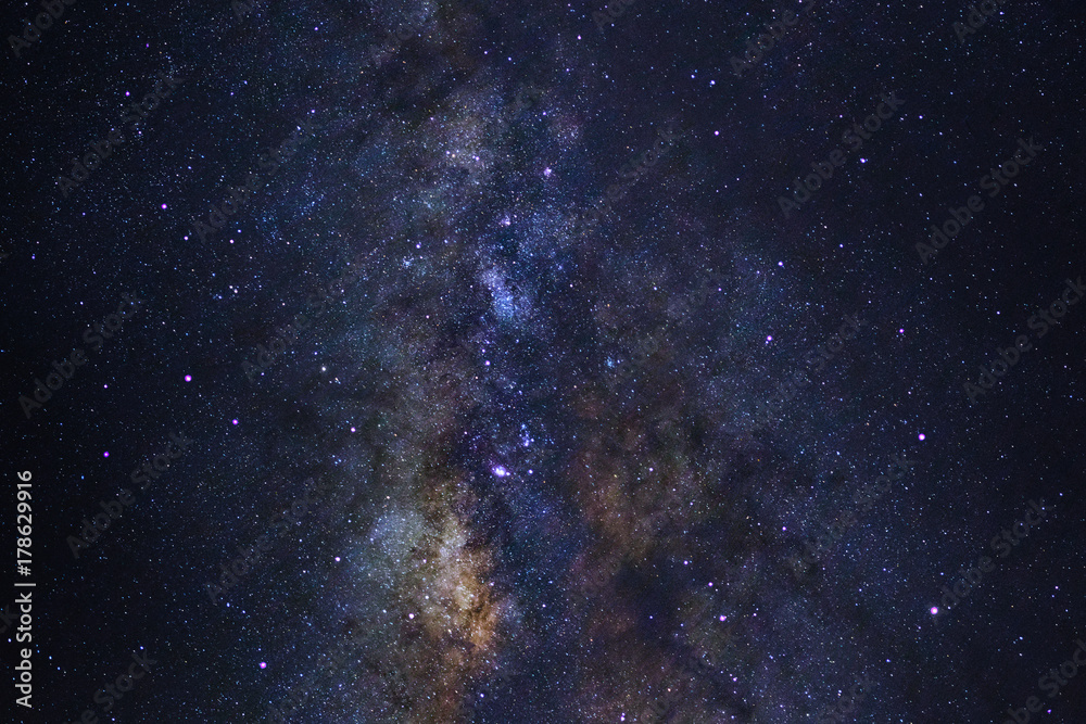 Starry night sky, Milky way galaxy with stars and space dust in the universe, Long exposure photograph, with grain. Starry night sky, Milky way galaxy with stars and space dust in the universe, Long exposure photograph, with grain.