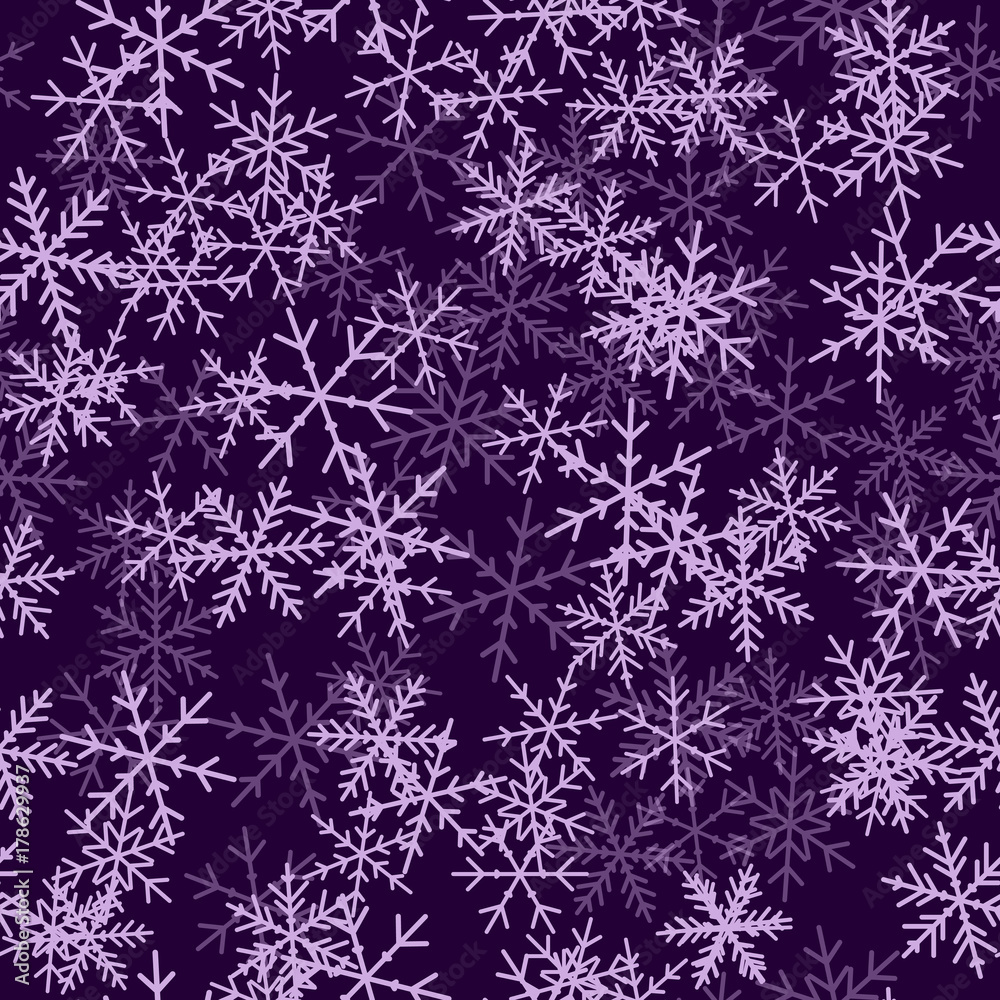 Violet snowflakes seamless pattern on purple Christmas background. Chaotic scattered violet snowflakes. Splendid Christmas creative pattern. Vector illustration.