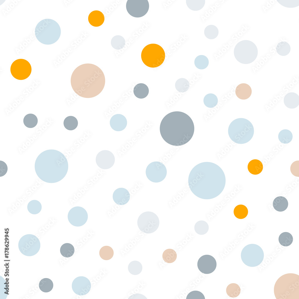 Colorful polka dots seamless pattern on white 7 background. Surprising classic colorful polka dots textile pattern. Seamless scattered confetti fall chaotic decor. Abstract vector illustration.