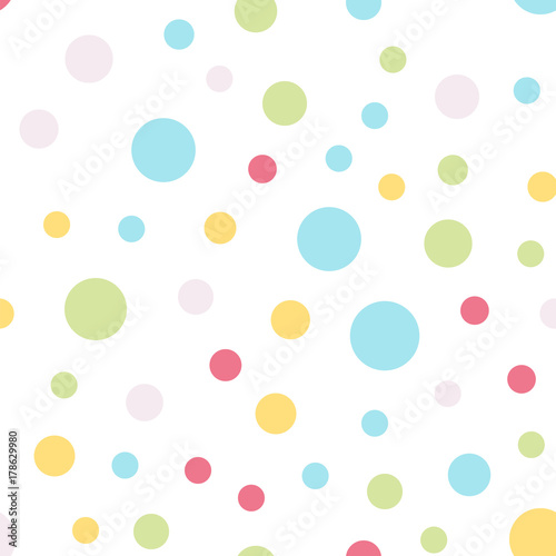 Colorful polka dots seamless pattern on white 4 background. Pleasant classic colorful polka dots textile pattern. Seamless scattered confetti fall chaotic decor. Abstract vector illustration.