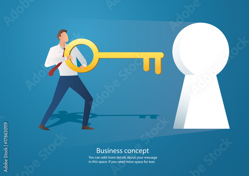 businessman holding the big key into keyhole vector 