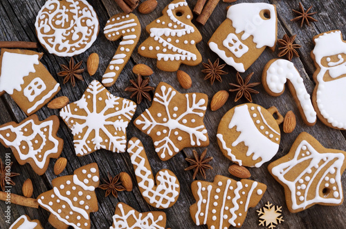 Homemade Christmas cookies on a wooden background 