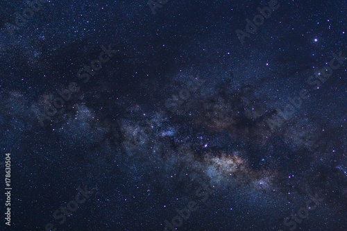 Starry night sky, Milky way galaxy with stars and space dust in the universe, Long exposure photograph, with grain.
