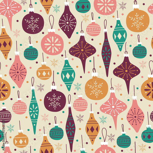 Hand Drawn Seamless Pattern with Christmas Balls.