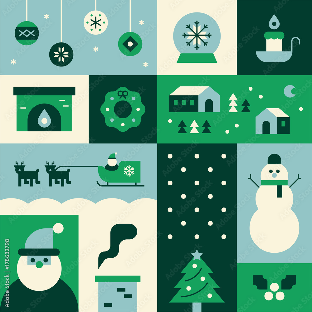 christmas green collage Card vector flat design illustration set 