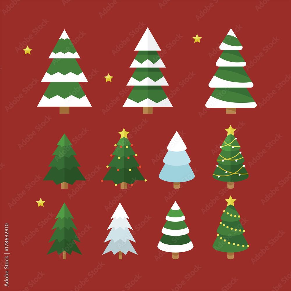 kind of christmas tree  vector flat design illustration set
