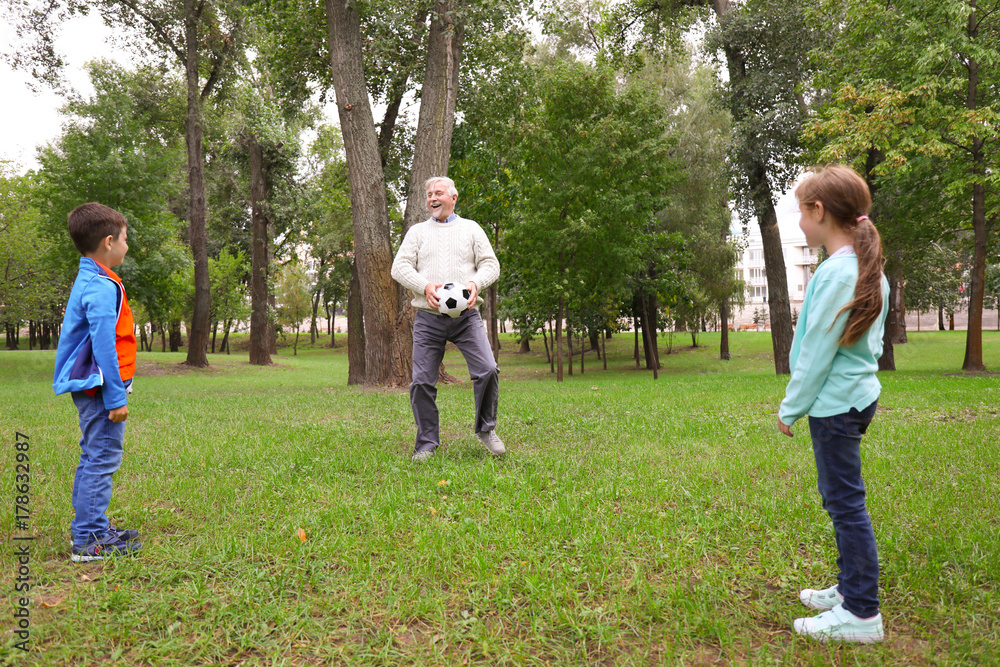 Obraz premium Senior man and his grandchildren playing with ball in park