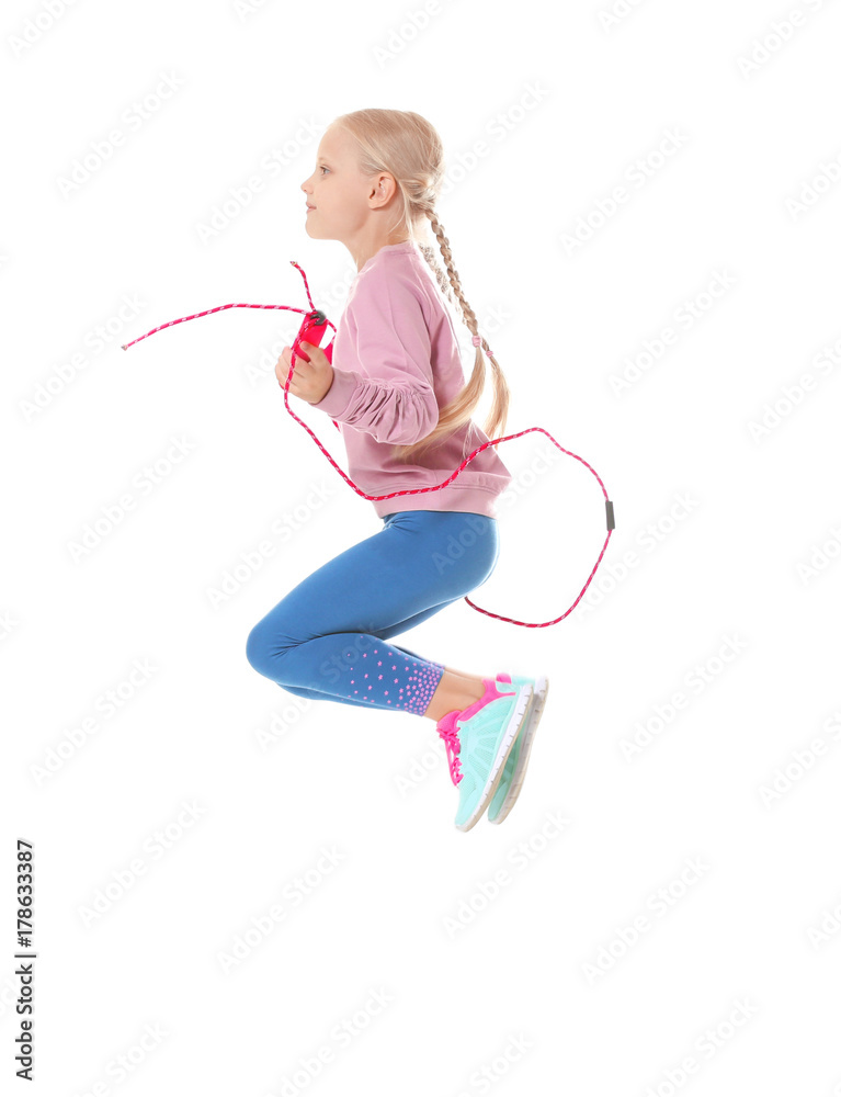 Adorable girl skipping rope, isolated on white Adorable girl skipping rope, isolated on white