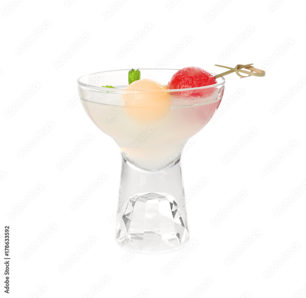 Cocktail glass with melon ball drink on white background Cocktail glass with melon ball drink on white background